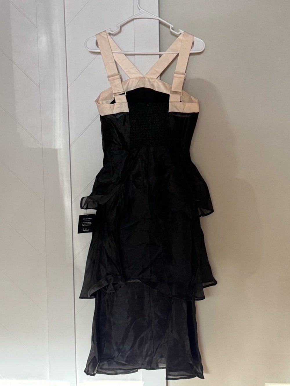 Lulus Black Tiered Organza Maxi Dress Champagne Bow Strappy S NWT - Picture 5 of 8